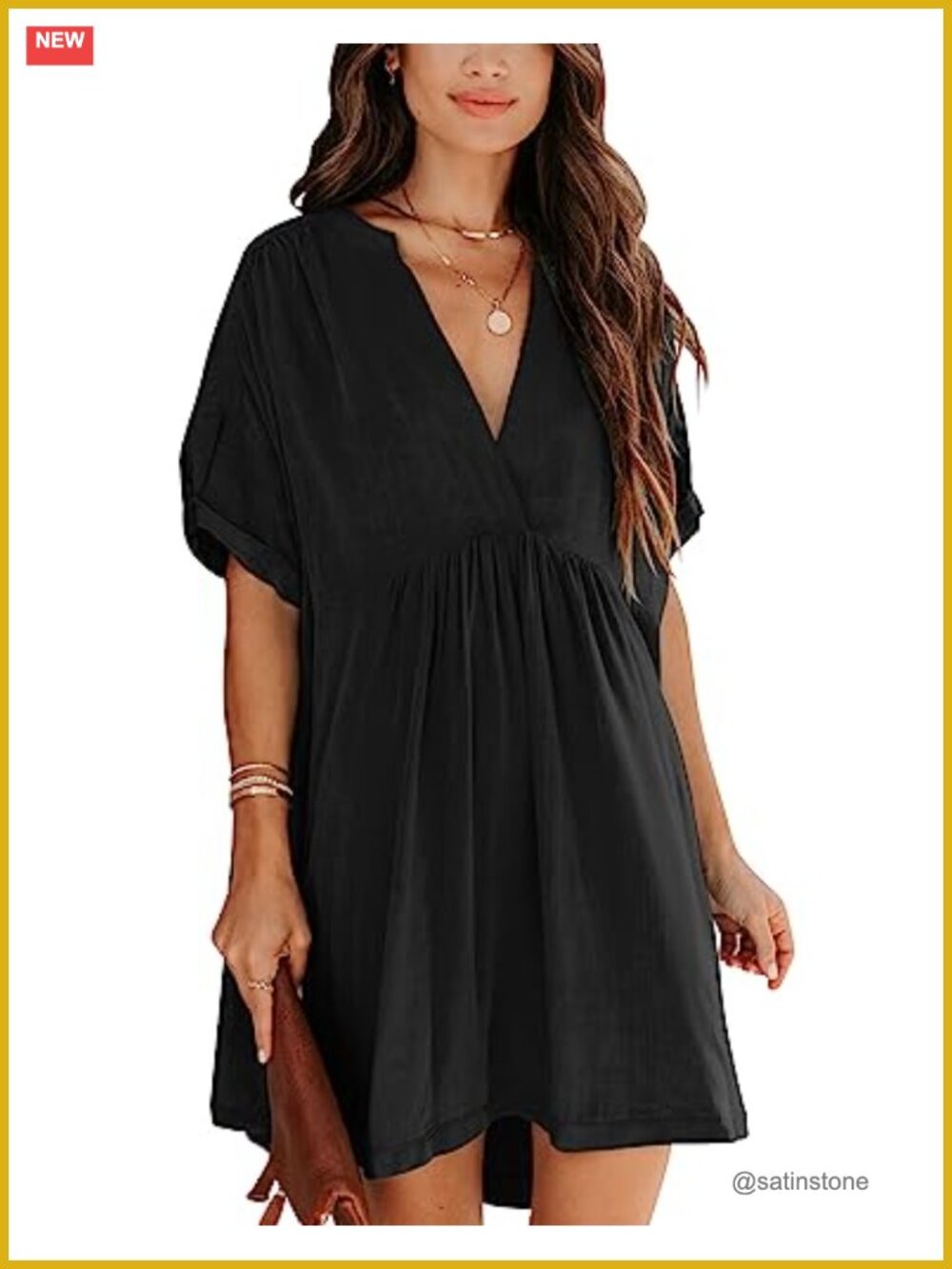 Short Sleeve Babydoll Tunic Dress V-Neck Casual Loose Dress